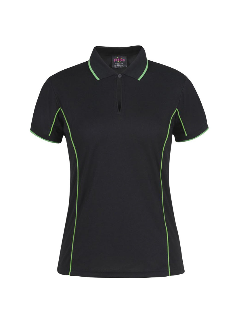JB's Wear - Ladies black polo shirt with lime green piping and collar trim.