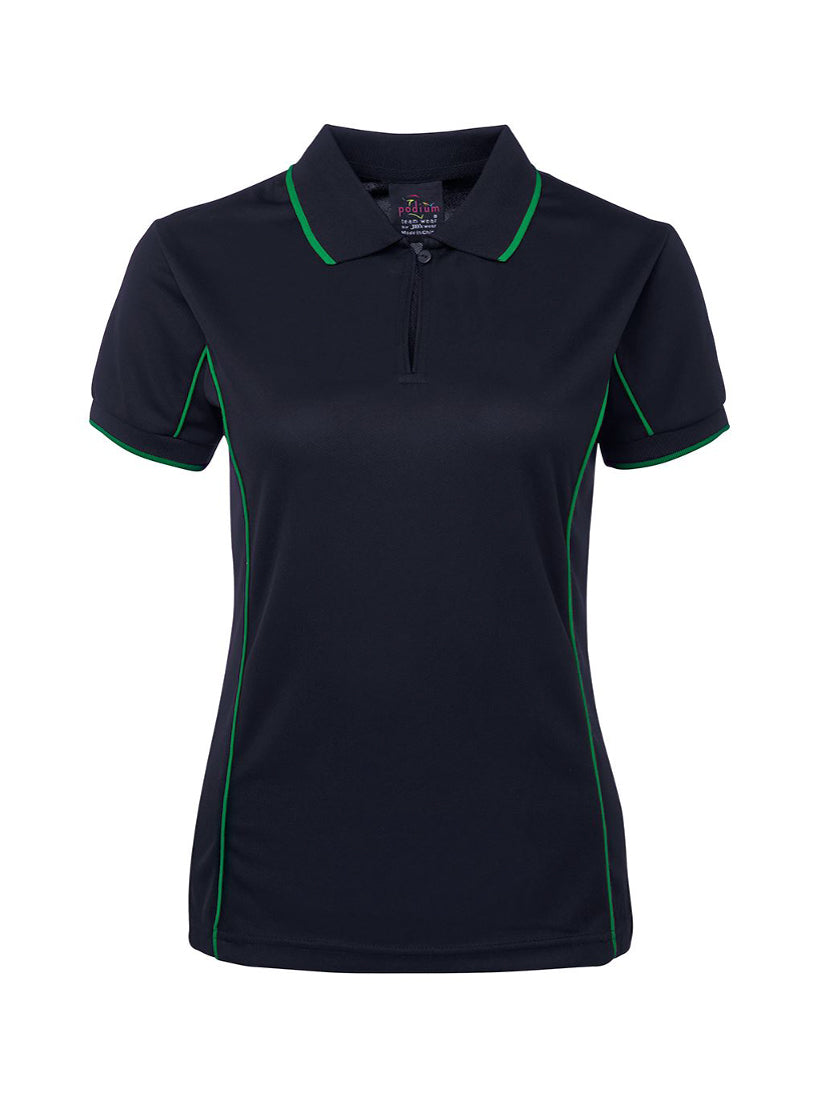 JB's Wear - Ladies navy polo shirt with green piping and collar trim.