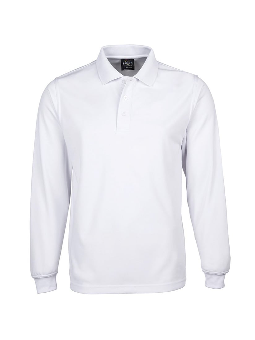 JB's Wear - Podium long sleeve white polyester polo shirt with a collar and three buttons.