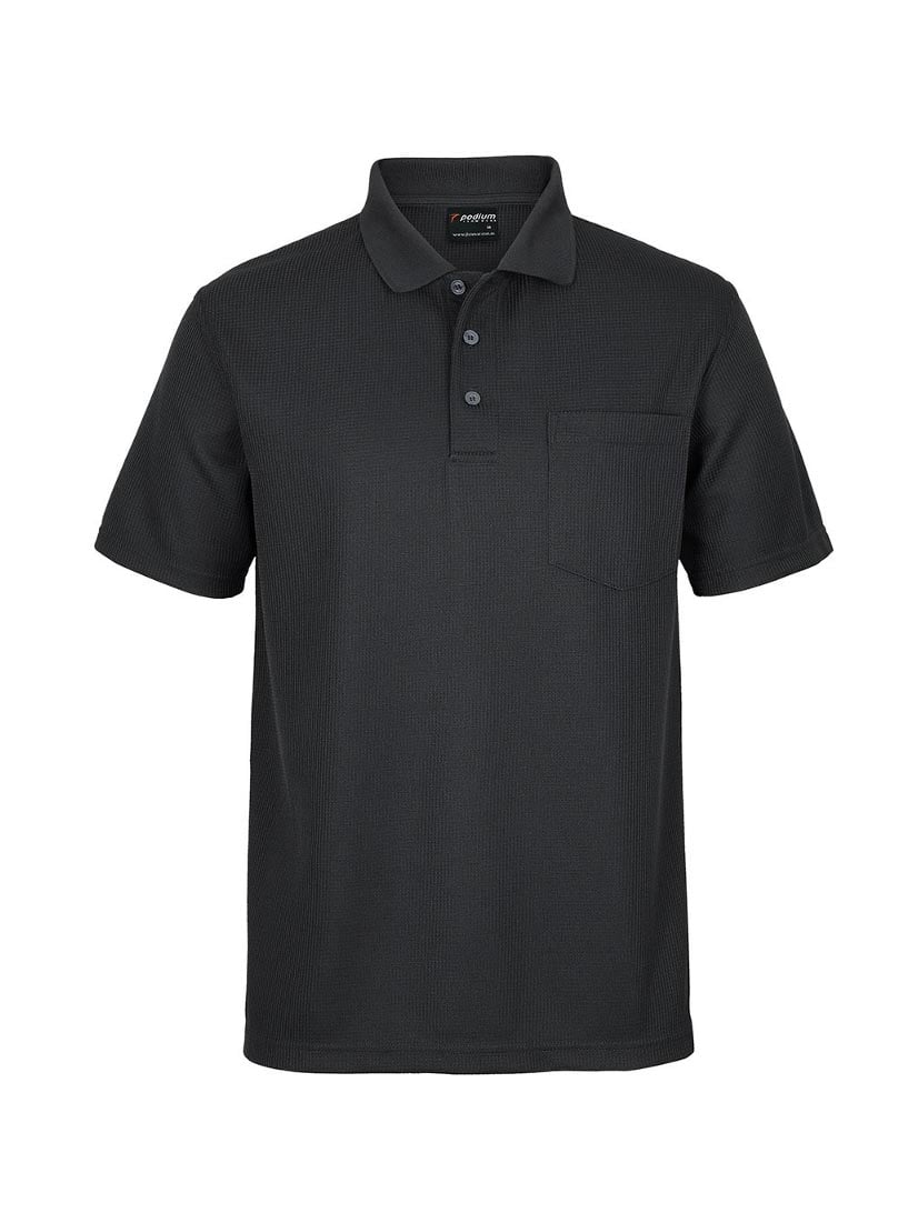 JB's Wear - A dark grey short-sleeve polo shirt with a chest pocket and waffle texture.
