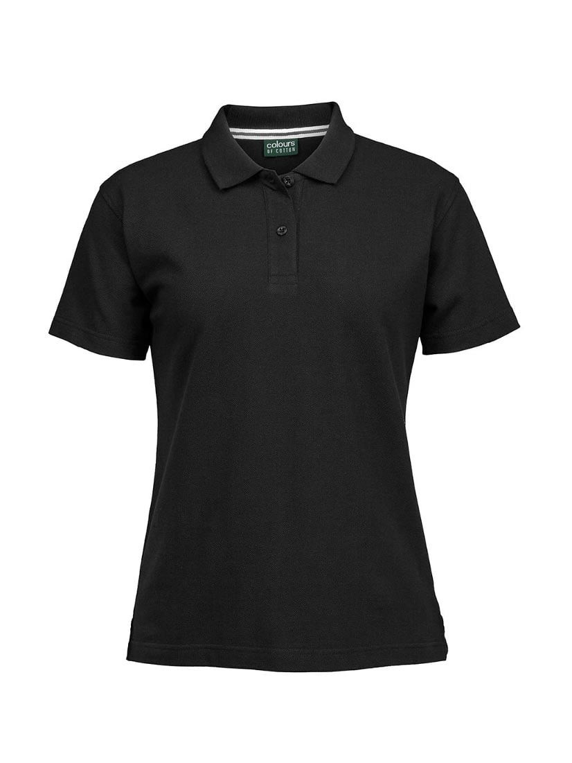 JB's Wear - Ladies black short-sleeve pique polo shirt with a two-button placket.
