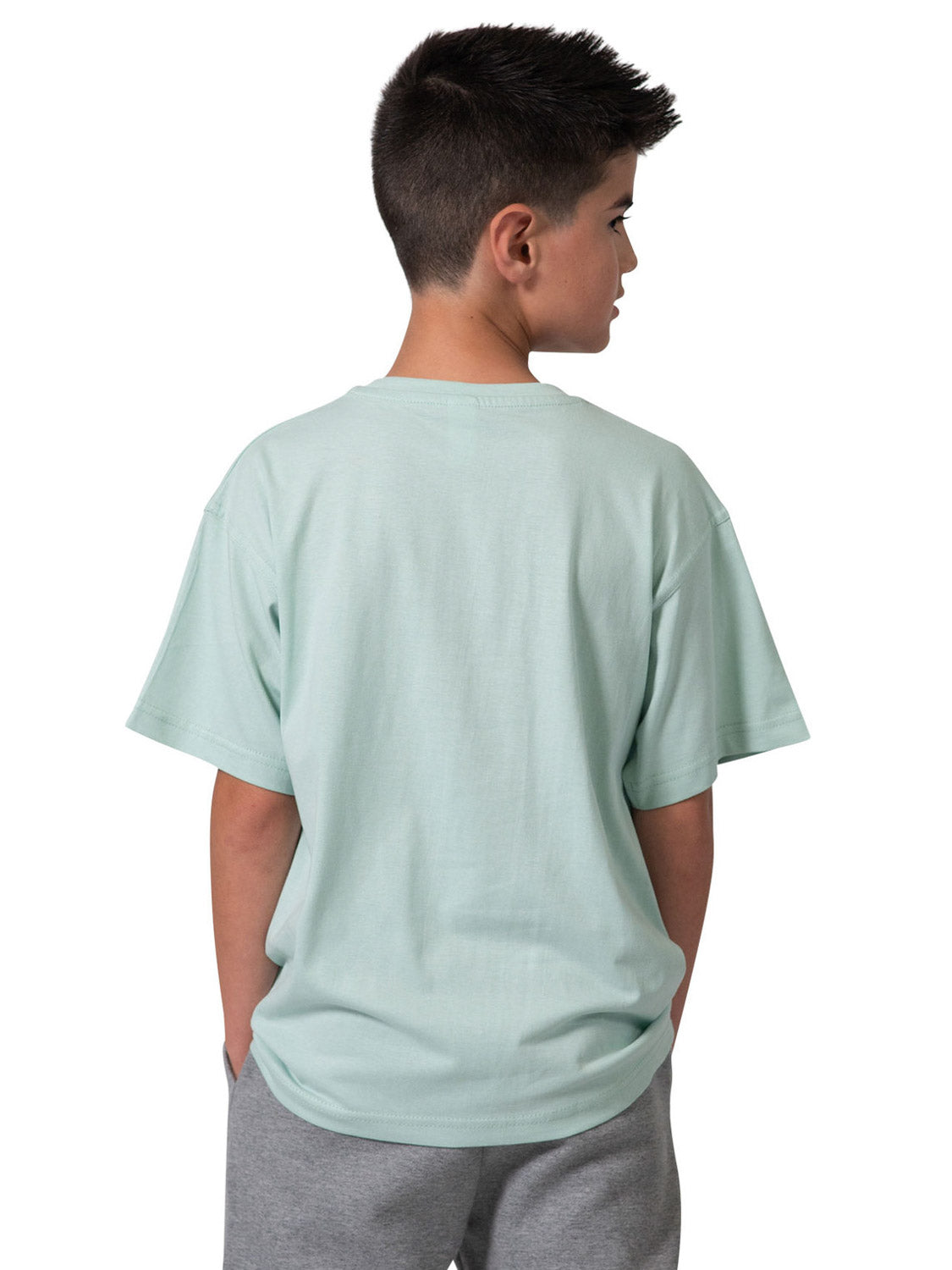 Ramo - Back view of a child wearing a light green, short-sleeved regular fit cotton t-shirt.