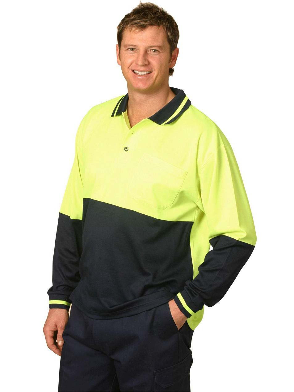 Mens Hi-Vis Long Sleeve Cotton Back Safety Polo