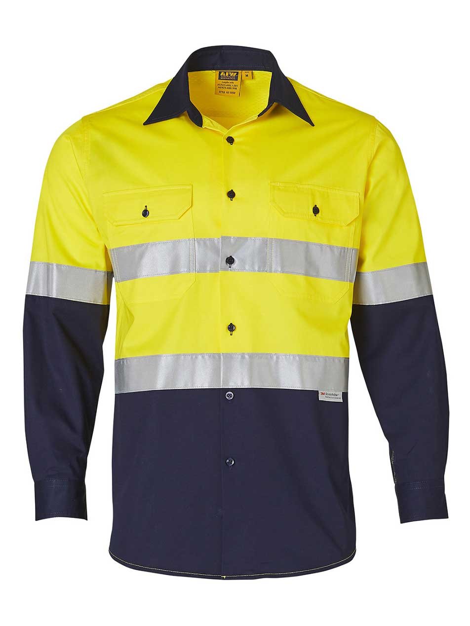 Mens Hi-Vis Cotton Twill Long Sleeve Shirt With Taping