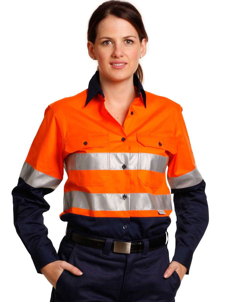 Ladies Hi-Vis Cotton Twill Long Sleeve Shirt With Taping