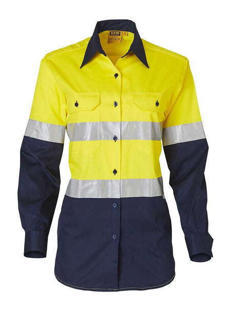 Ladies Hi-Vis Cotton Twill Long Sleeve Shirt With Taping
