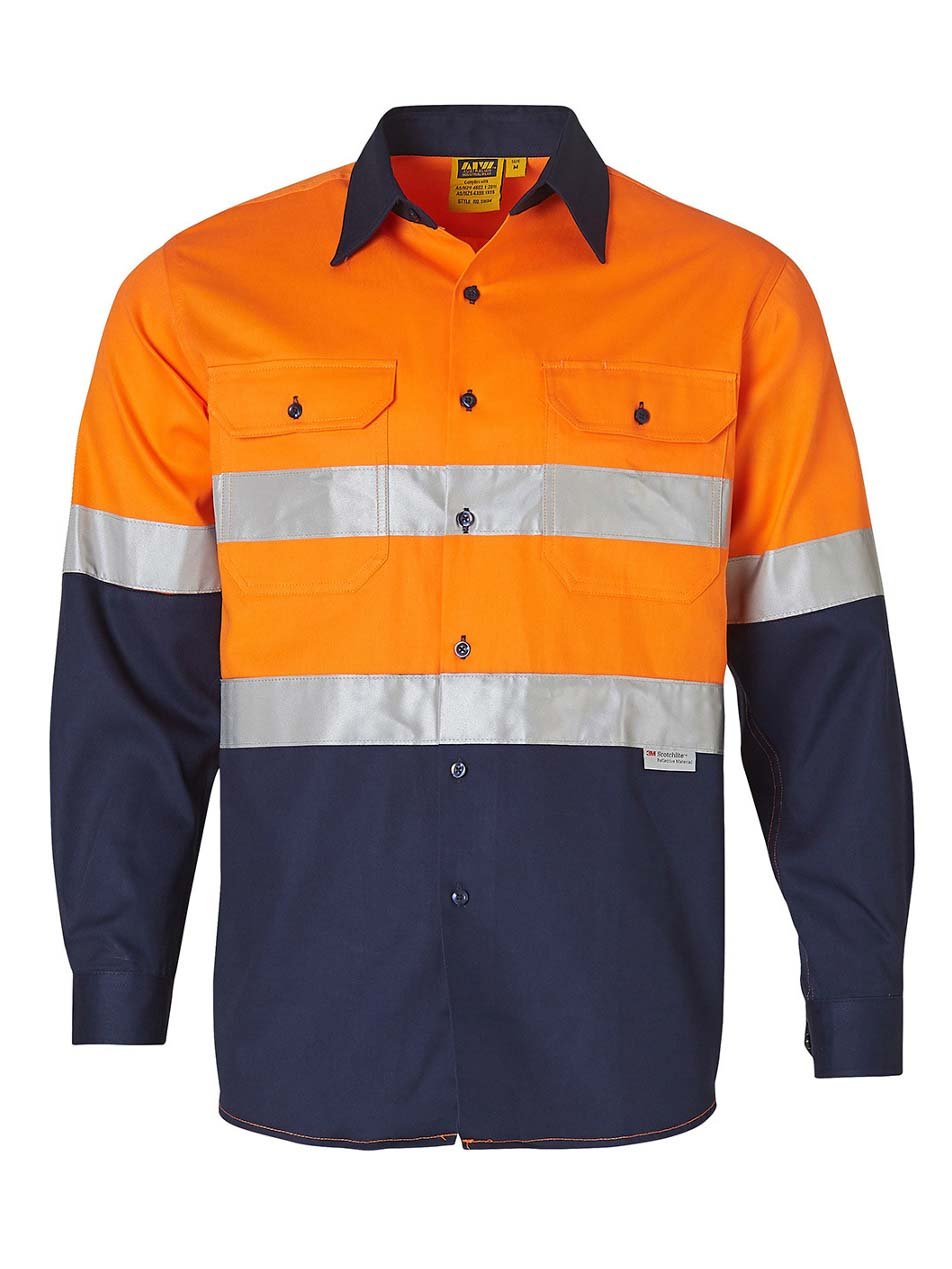 Mens Hi-Vis Cotton Drill Long Sleeve Shirt With Taping