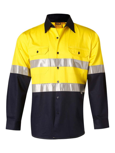 Mens Hi-Vis Cotton Drill Long Sleeve Shirt With Taping