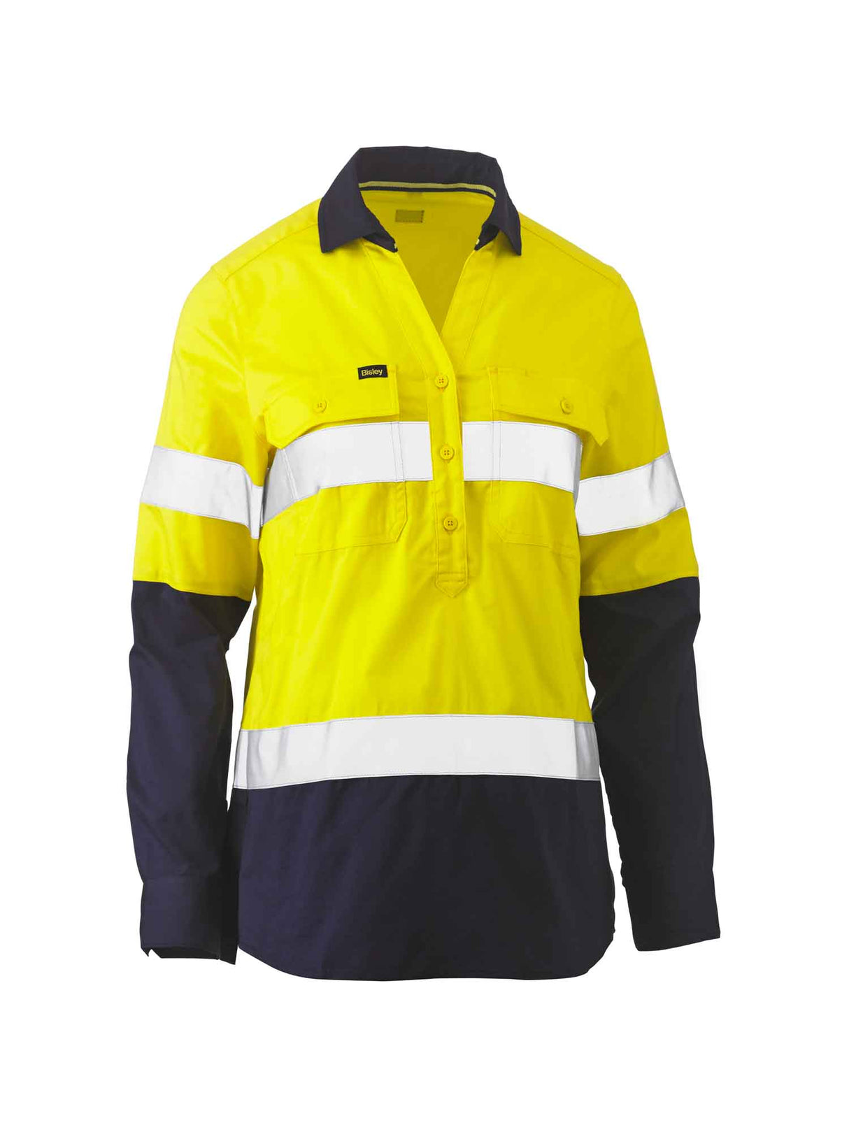 Ladies Long Sleeve Taped Hi Vis Stretch V-Neck Closed Front Shirt