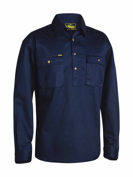 Mens Long Sleeve Closed Front Cotton Drill Shirt
