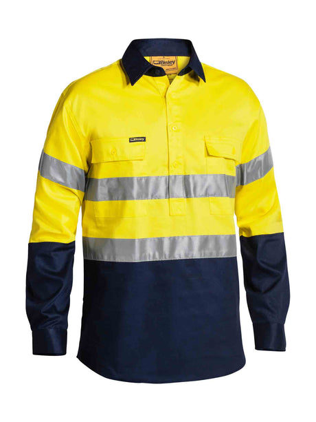 Mens Long Sleeve Taped Hi Vis Closed Front Drill Contrast Shirt