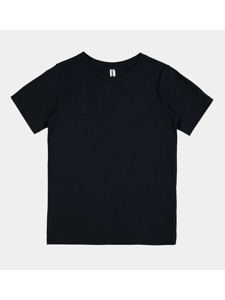 A plain black kids' short sleeve t-shirt with a ribbed crew neckline on a light grey background.