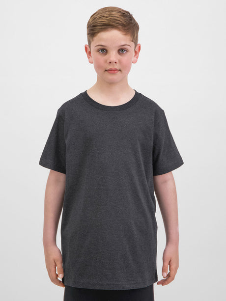 A young boy wearing a charcoal grey short sleeve cotton crew neck t-shirt against a white background.