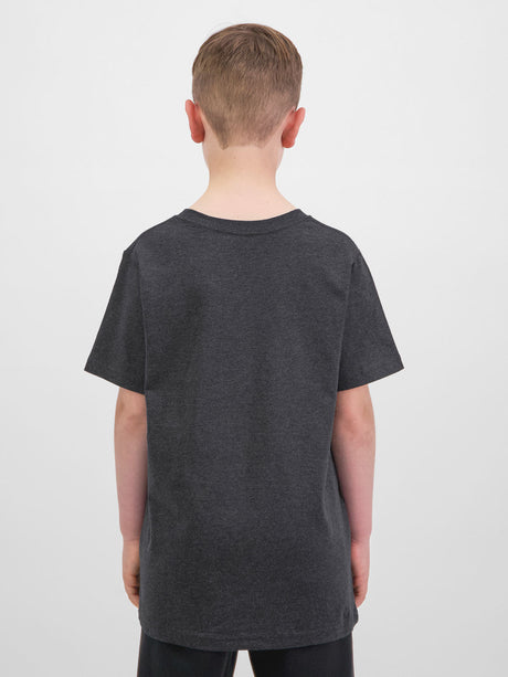 Rear view of a child wearing a charcoal grey short sleeve cotton t-shirt.