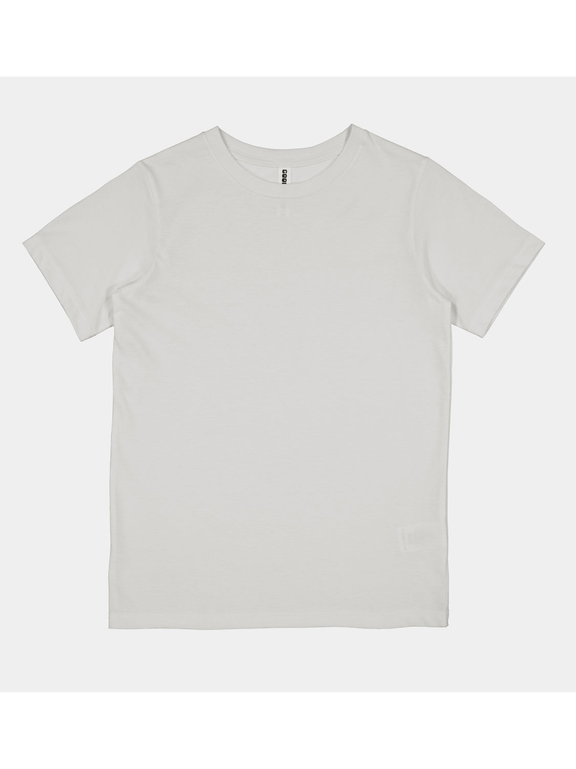 A plain white kids' short sleeve cotton t-shirt with a ribbed crew neckline.