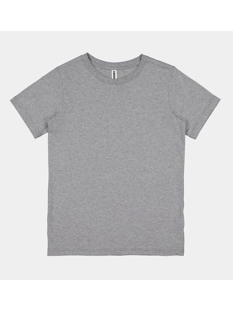 A plain grey short-sleeve kids' t-shirt with a ribbed crew neckline and a classic fit.