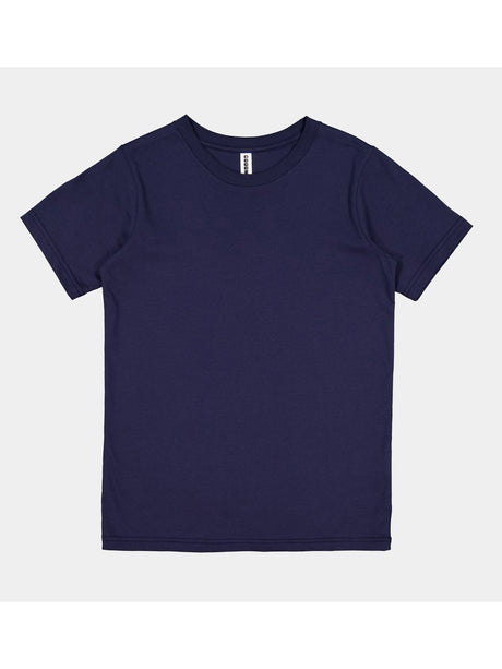 A navy blue kids' short-sleeve cotton t-shirt with a ribbed crew neckline.