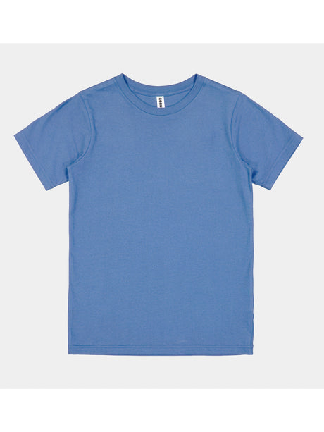 A plain blue short-sleeve cotton t-shirt for kids with a ribbed crew neckline.