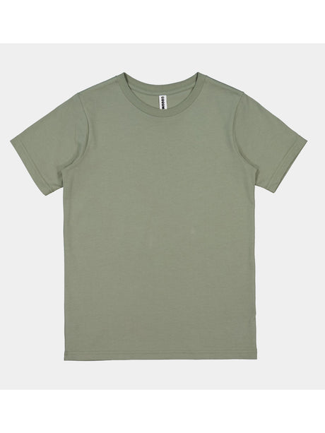 A plain sage green kids' short sleeve cotton t-shirt with a ribbed crew neckline.