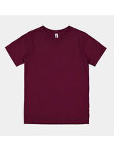A maroon short-sleeve kids' cotton t-shirt with a ribbed crew neckline.