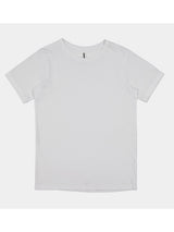 A plain white kids' short sleeve cotton t-shirt with a ribbed crew neckline.