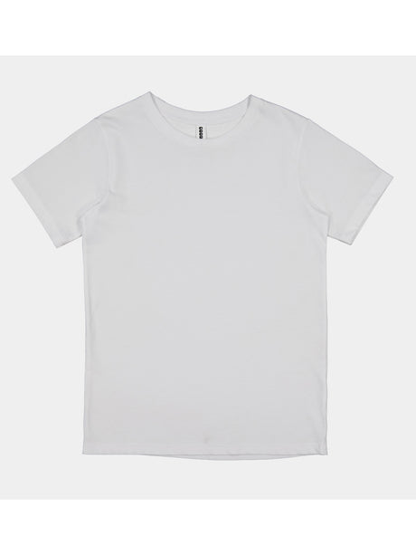 A plain white kids' short sleeve cotton t-shirt with a ribbed crew neckline.