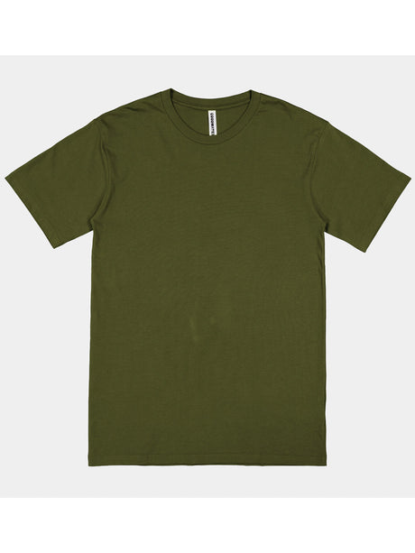 A men's olive green short sleeve crew neck t-shirt made of cotton jersey.