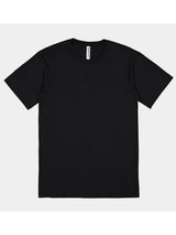 A plain black men's short sleeve crew neck t-shirt laid flat against a light grey background.