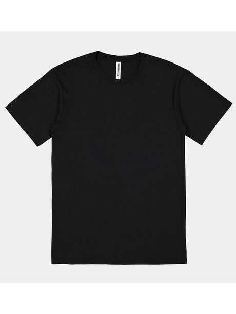 A plain black men's short sleeve crew neck t-shirt laid flat against a light grey background.