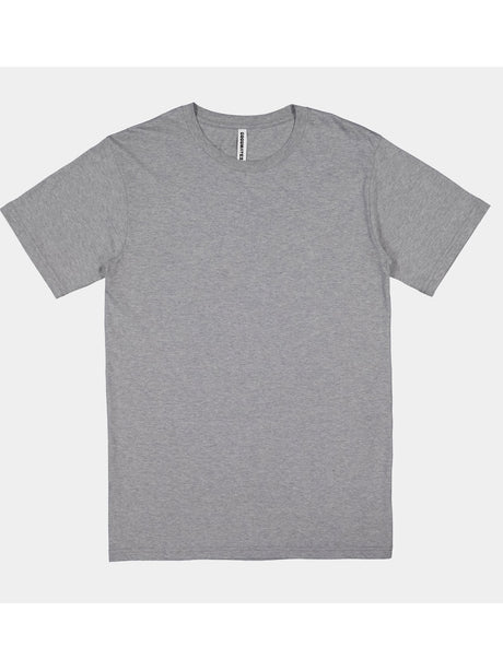 A heather grey, short-sleeve cotton crewneck t-shirt for men shown flat against a white background.