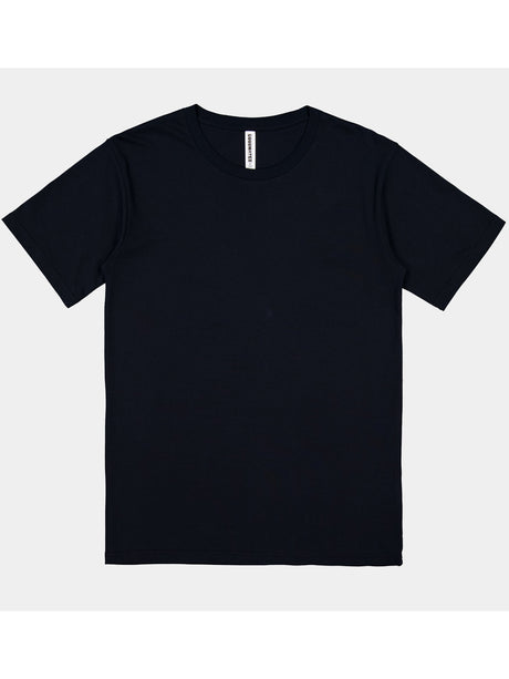 A plain black men's short sleeve cotton t-shirt with a ribbed crew neckline and a white neck label.