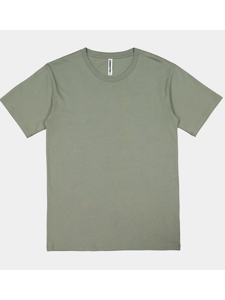 A sage green men's short sleeve crew neck t-shirt made from cotton jersey.
