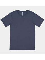 A navy blue men's short sleeve crew neck t-shirt laid flat against a light grey background.