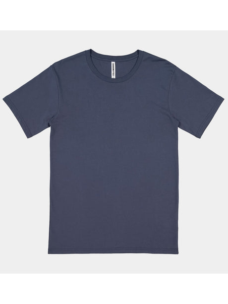 A navy blue men's short sleeve crew neck t-shirt laid flat against a light grey background.
