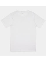 A plain white short sleeve crew neck t-shirt for men laid flat against a light grey background.