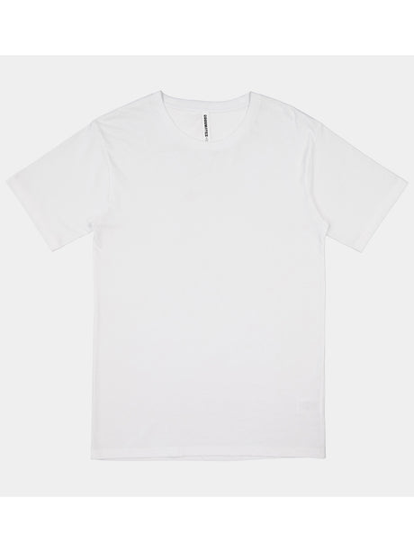 A plain white short sleeve crew neck t-shirt for men laid flat against a light grey background.