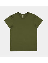 Womens Basis Short Sleeve Tee in olive green with a ribbed crew neckline and classic fit.