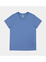 A blue short-sleeve cotton t-shirt for women with a ribbed crew neckline.