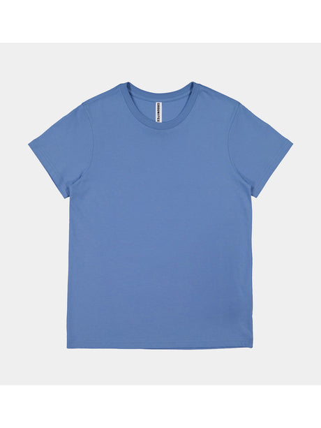 A blue short-sleeve cotton t-shirt for women with a ribbed crew neckline.