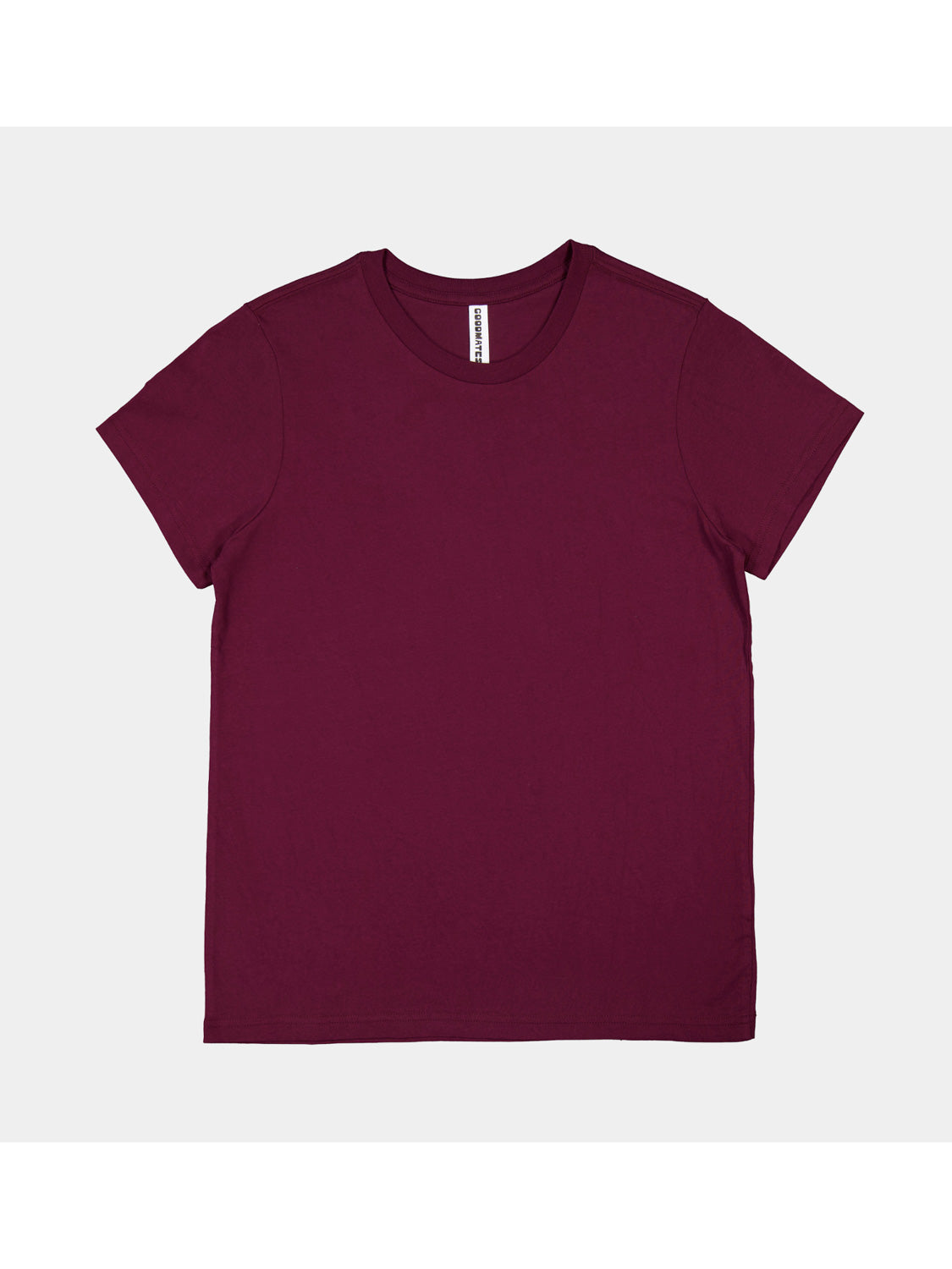 A maroon short-sleeve crew neck t-shirt for women laid flat against a light grey background.