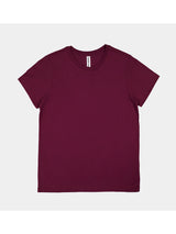 A maroon short-sleeve crew neck t-shirt for women laid flat against a light grey background.