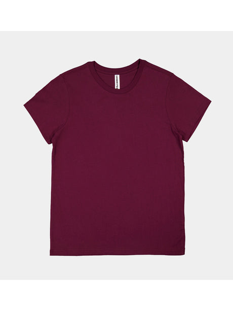 A maroon short-sleeve crew neck t-shirt for women laid flat against a light grey background.