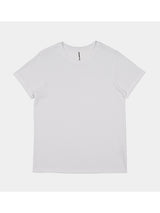 A plain white women's short sleeve crew neck t-shirt laid flat against a light grey background.
