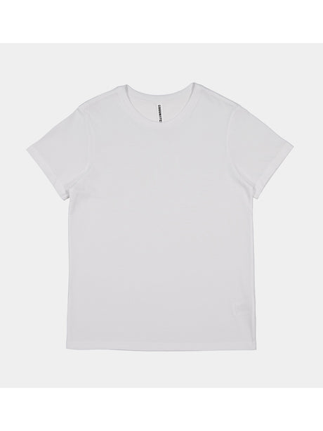 A plain white women's short sleeve crew neck t-shirt laid flat against a light grey background.