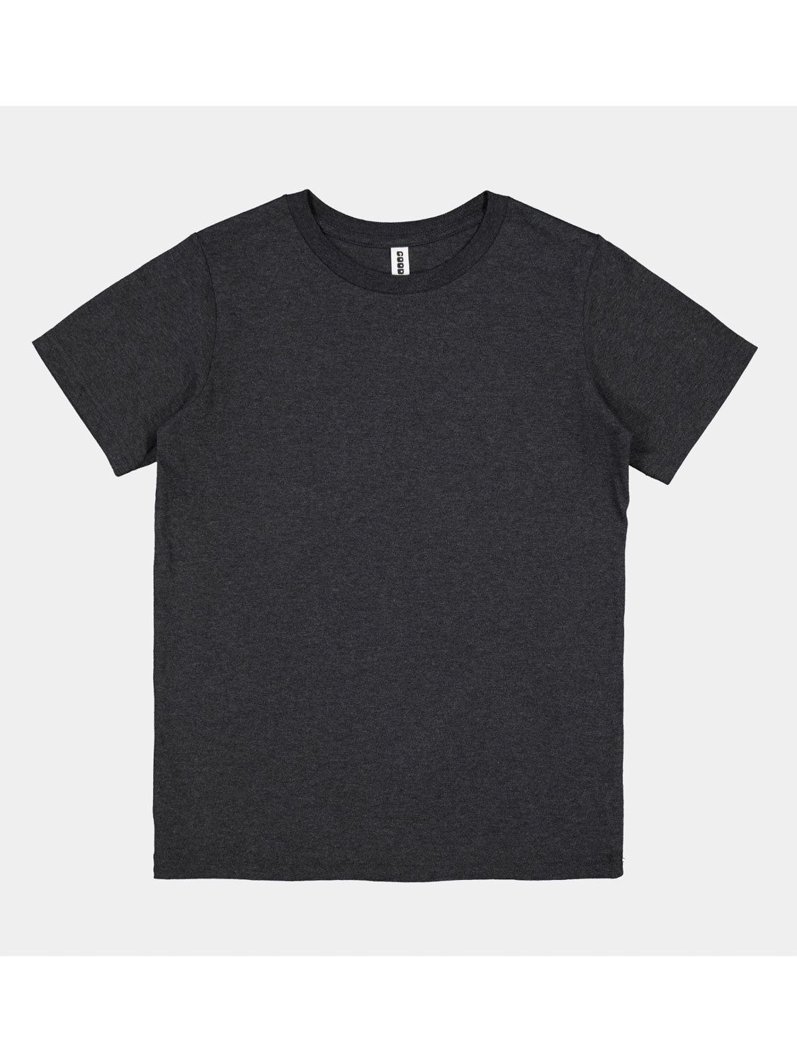 A youth-sized, charcoal grey short-sleeve t-shirt with a classic crew neckline.