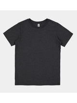 A youth-sized, charcoal grey short-sleeve t-shirt with a classic crew neckline.