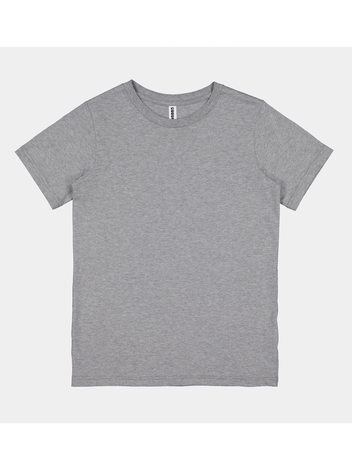 A plain grey youth short sleeve t-shirt with a ribbed crew neckline and a classic fit.