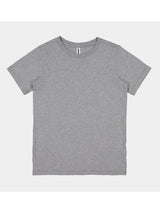 A plain grey youth short sleeve t-shirt with a ribbed crew neckline and a classic fit.