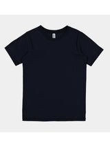 A plain navy blue youth short sleeve t-shirt with a ribbed crew neckline on a light grey background.