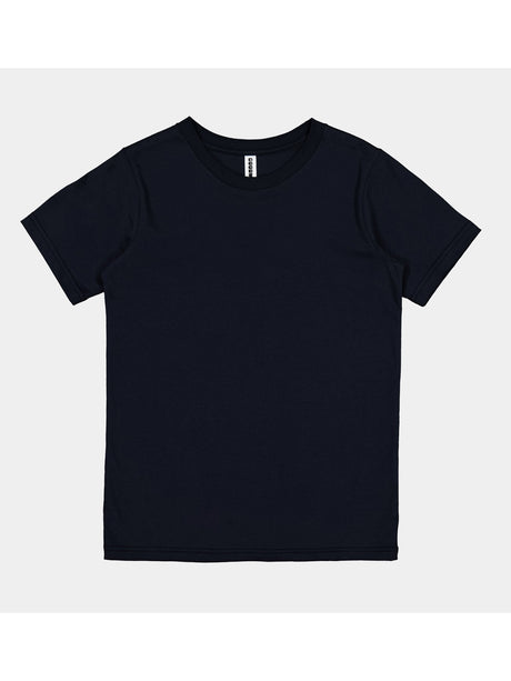 A plain navy blue youth short sleeve t-shirt with a ribbed crew neckline on a light grey background.